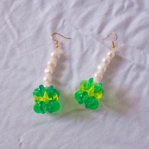 Green Pearl Star Statement Earrings